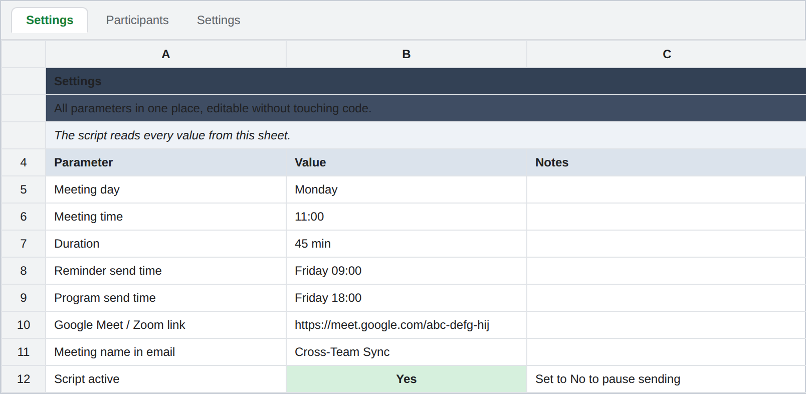 Settings sheet with all parameters in one place